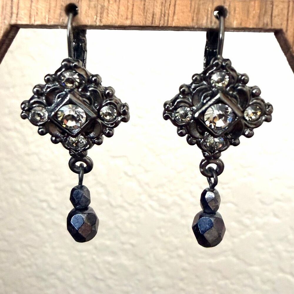 Vintage 1928 Collection Ornate Crystal & Black Faceted Drop Earrings